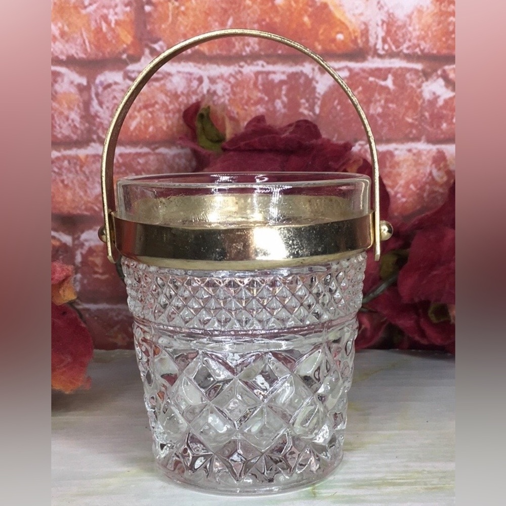 Vintage 60s Anchor Hocking Whimsy Wexford Crystal and Brass Sugar Bucket